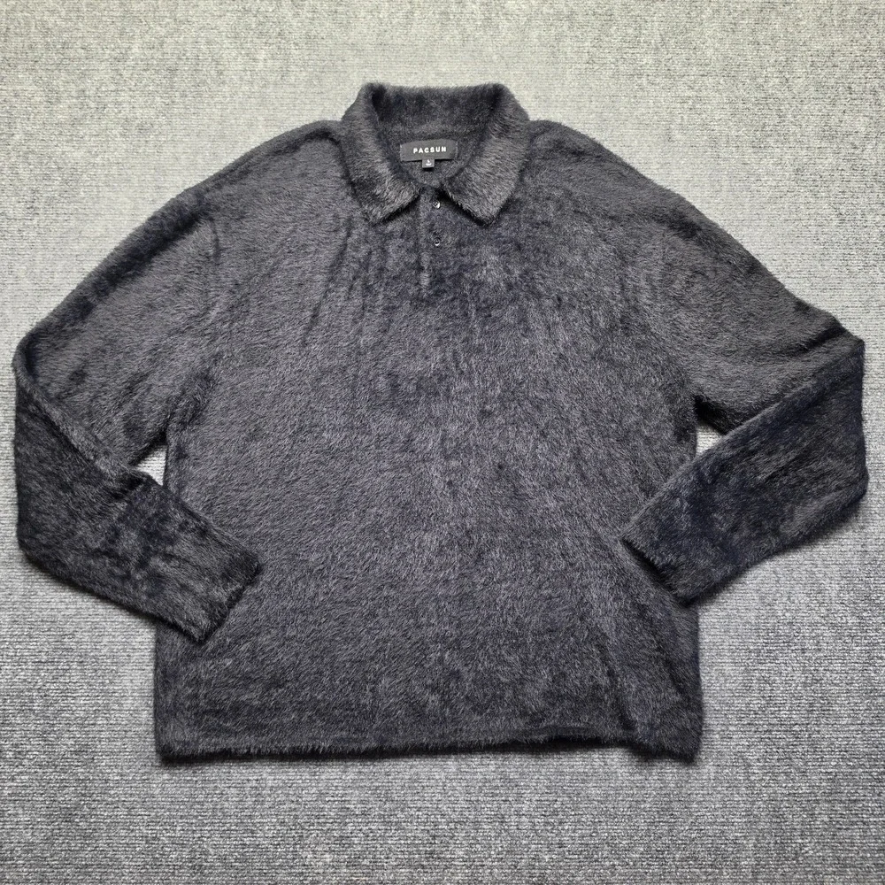 PacSun Mens Large Long Sleeve Collared Fuzzy Knit Polo Sweater Black